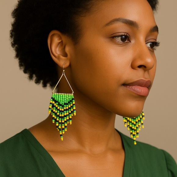 Handcrafted Jamaican Beaded Triangle Earrings - Picture 1 of 3